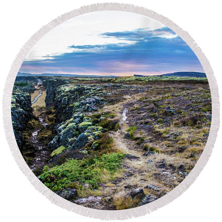 Iceland Round Beach Towel featuring the photograph Thingvellir Path to Oxarafoss by Deborah Smolinske