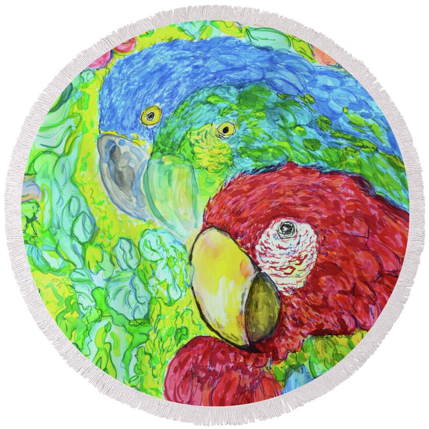Silk Painting Birds Macaws Round Beach Towel featuring the painting Three Amigos by Susan Moody