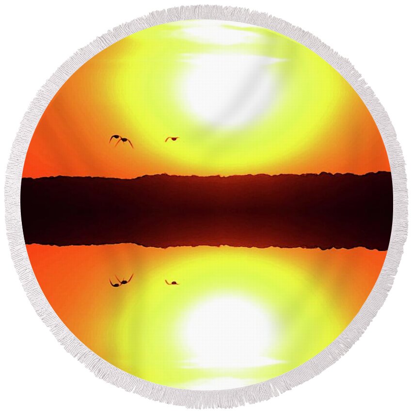 Abstract Round Beach Towel featuring the digital art Three Birds Flying At Sunrise Five by Lyle Crump