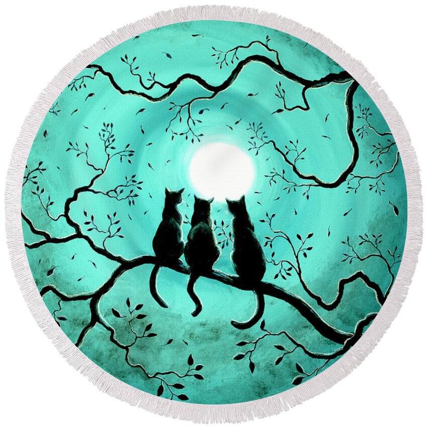 Black Round Beach Towel featuring the painting Three Black Cats Under a Full Moon by Laura Iverson