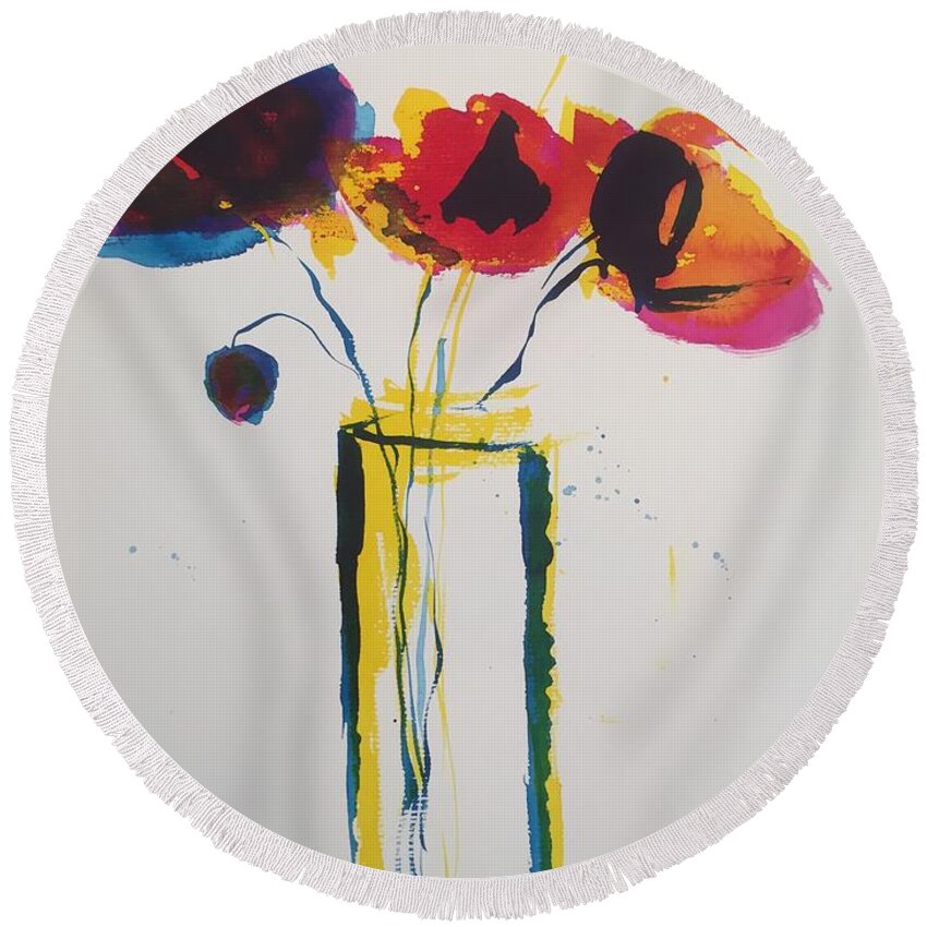 Abstract Painting Round Beach Towel featuring the painting three colorful Flowers by Britta Zehm