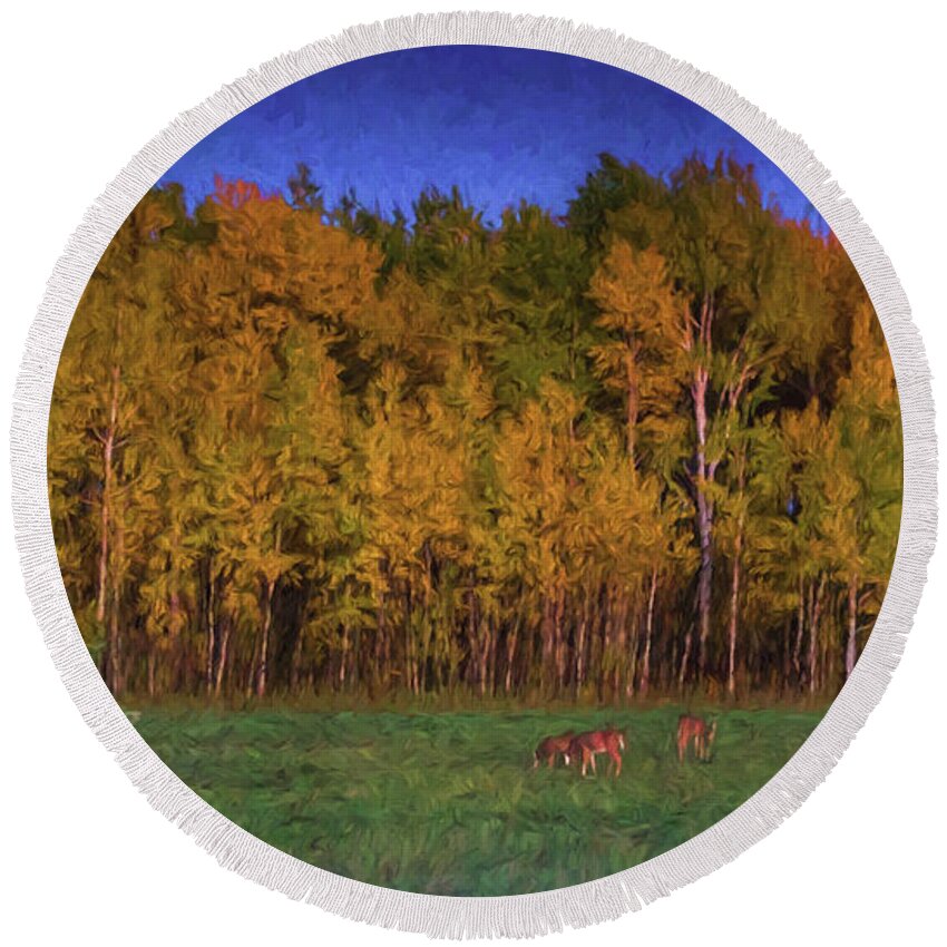 Minnesota Round Beach Towel featuring the digital art Three Deer and A Moon by Lori Dobbs