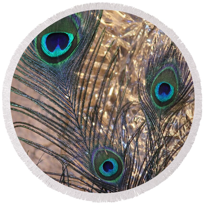 Peacock Round Beach Towel featuring the photograph Three Feathers by Angela Murdock
