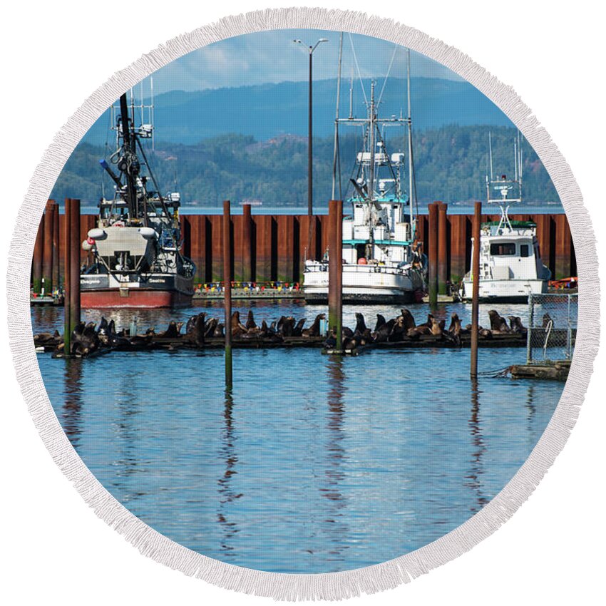 Breakwater Round Beach Towel featuring the photograph Three Fishing Boats by Tom Cochran