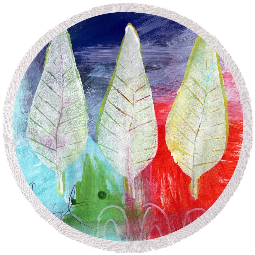 Abstract Round Beach Towel featuring the painting Three Leaves Of Good by Linda Woods