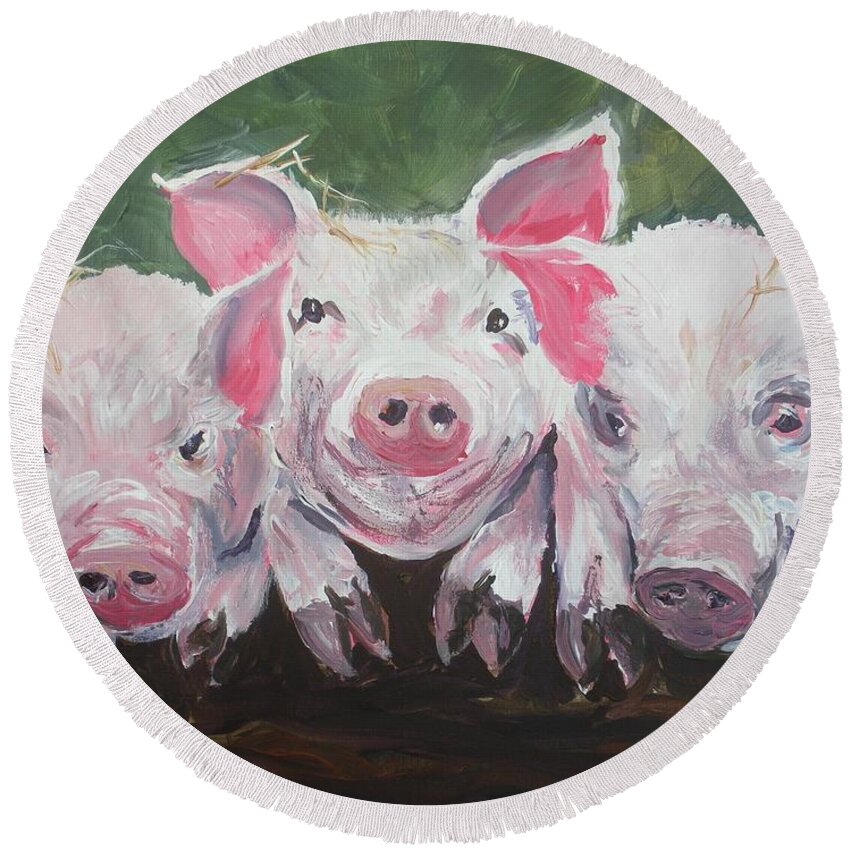 Pigs Round Beach Towel featuring the painting Three Little Pigs by Lee Stockwell