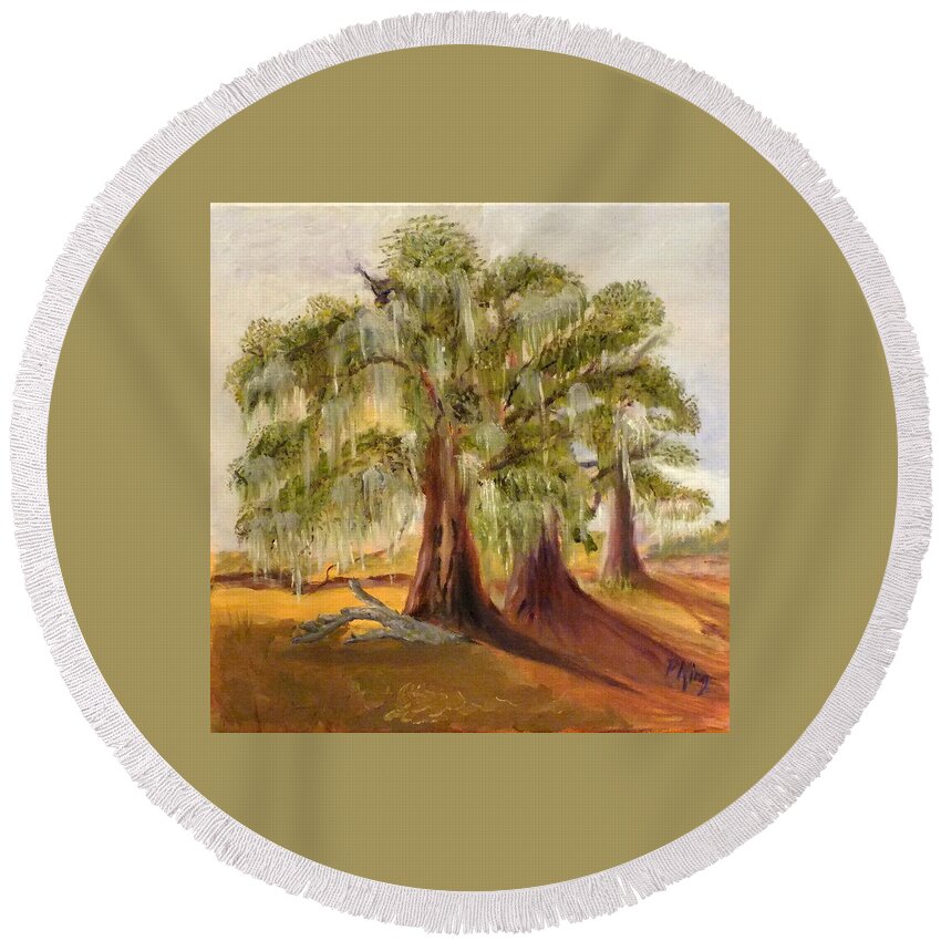 Trees Round Beach Towel featuring the painting Three Live Oaks with Spanish Moss in a Florida Cow Pasture by Peggy King