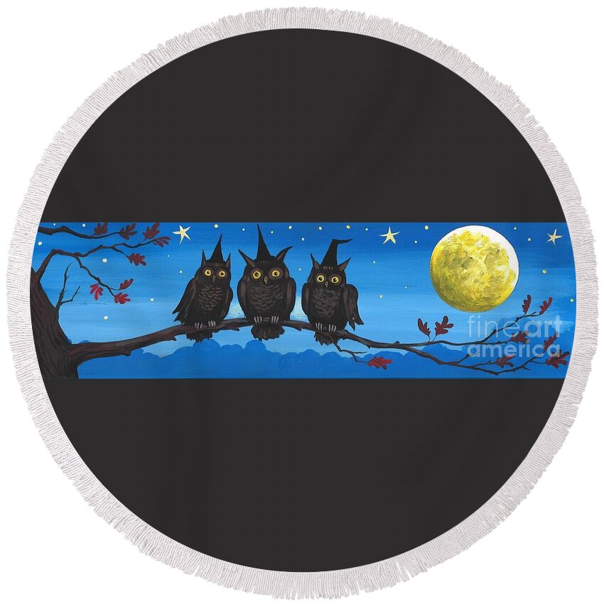 Print Round Beach Towel featuring the painting Three Owlwitches by Margaryta Yermolayeva