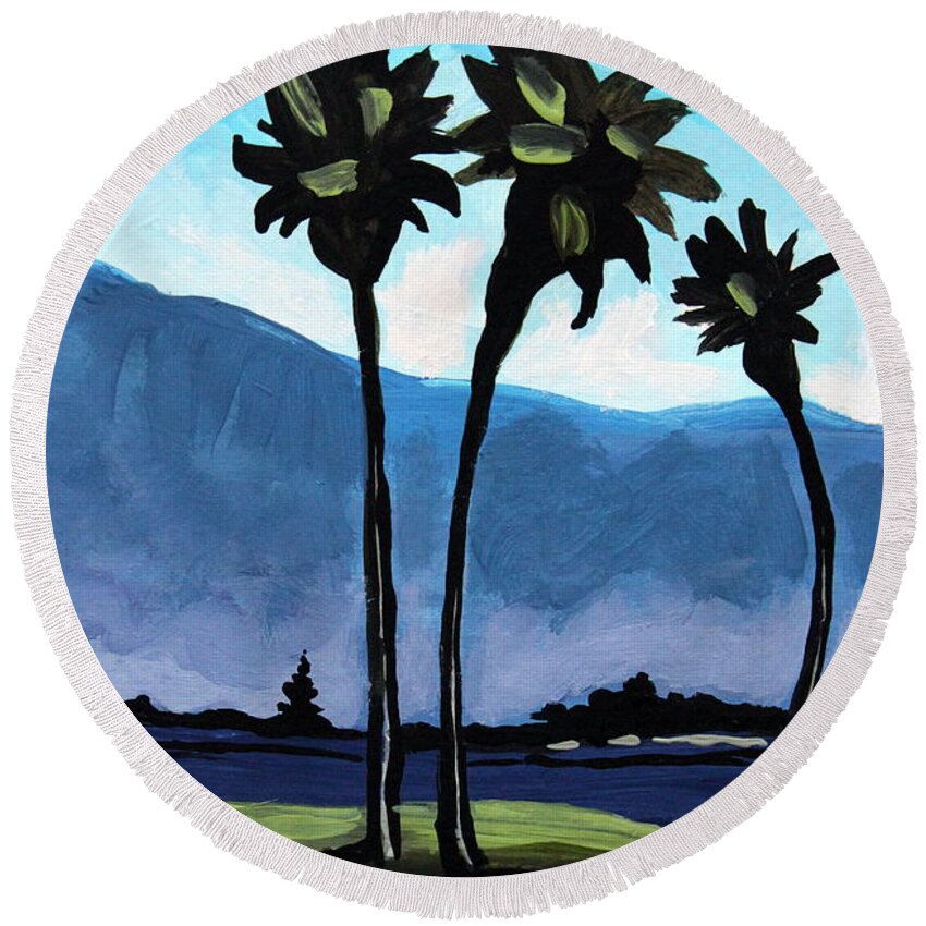 Palm Trees Round Beach Towel featuring the painting Three Palm Trees by Elizabeth Robinette Tyndall
