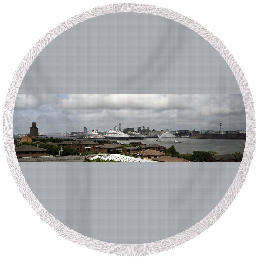 Cunard Round Beach Towel featuring the photograph Three Queens on the Mersey by Spikey Mouse Photography