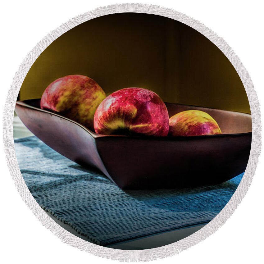 Healthy Round Beach Towel featuring the photograph Three Red Apples in a Bowl by Randall Nyhof