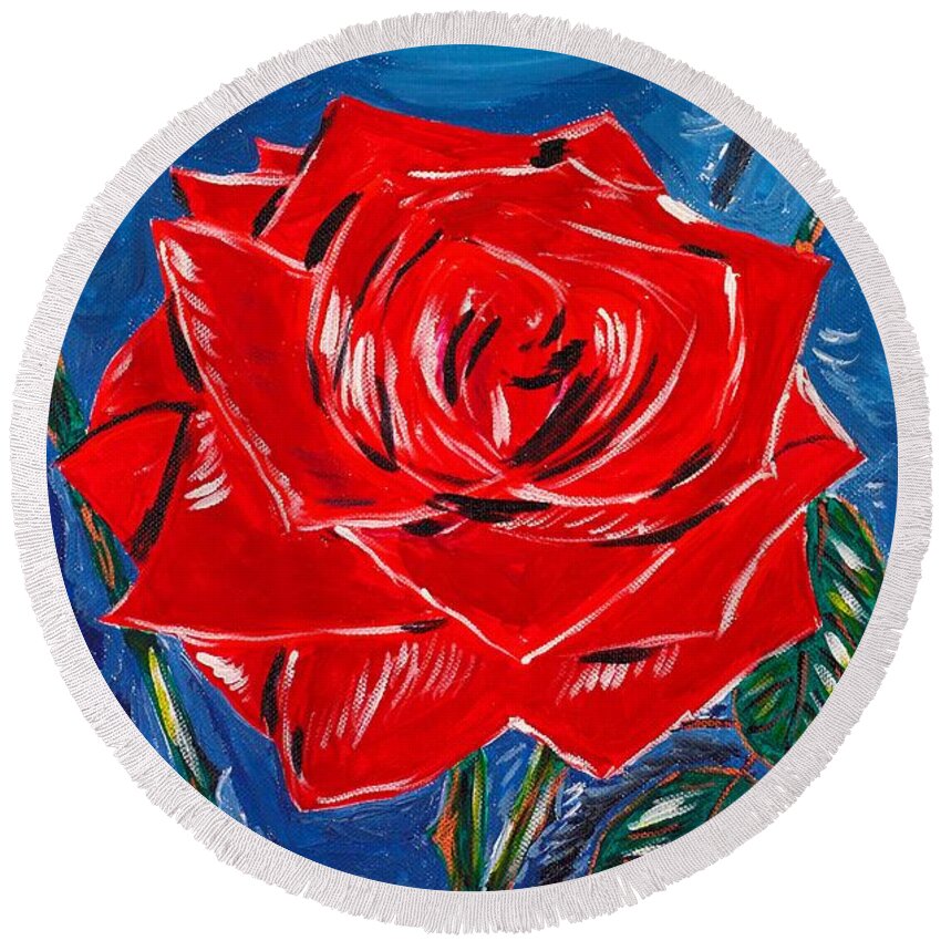 Rose Round Beach Towel featuring the painting Three Red Roses Four Leaves by Valerie Ornstein