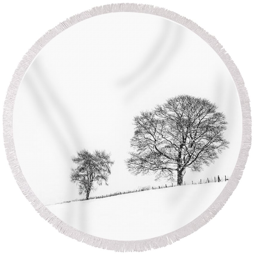 Trees In Winter Round Beach Towel featuring the photograph Three Trees On The Hill by Richard Burdon