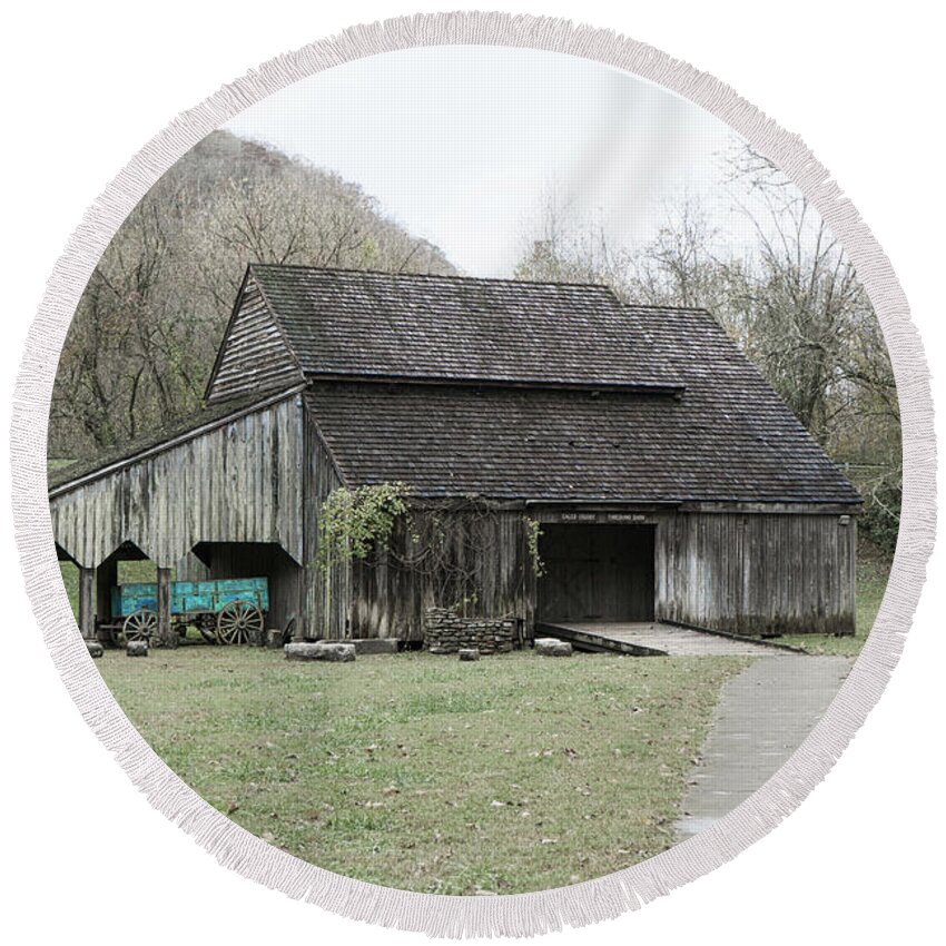 Sharon Popek Round Beach Towel featuring the photograph Threshing Shed Blue Wagon by Sharon Popek
