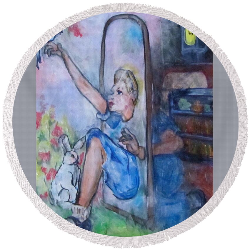Alice In Wonderland Round Beach Towel featuring the painting Through the Looking Glass by Barbara O'Toole