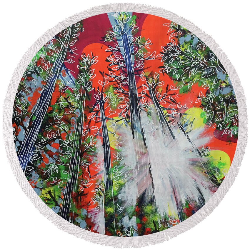 Tree Tops Round Beach Towel featuring the painting Through the Trees by Laura Hol Art