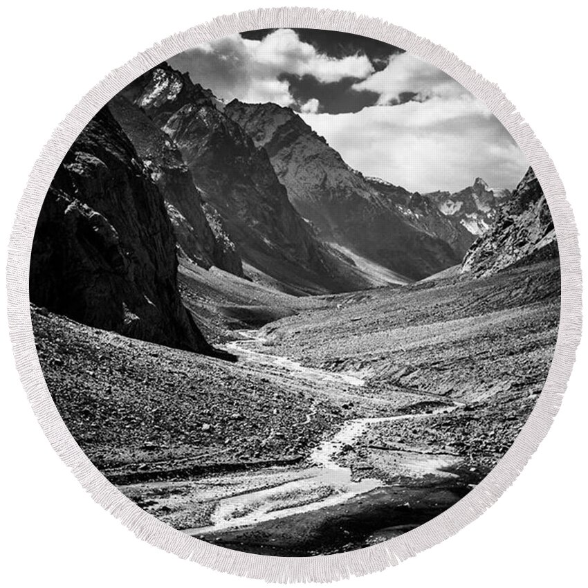 Mountains Round Beach Towel featuring the photograph Through Valleys And Peaks, Life Is by Aleck Cartwright