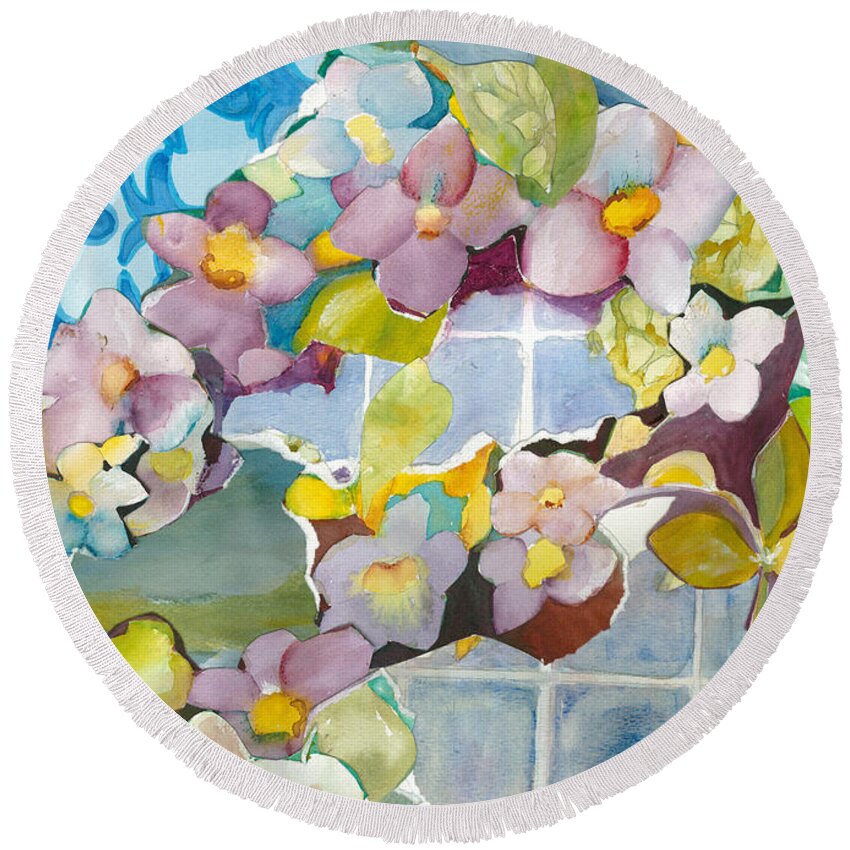 Floral Round Beach Towel featuring the painting Thunbergia Collage by Kelly Perez