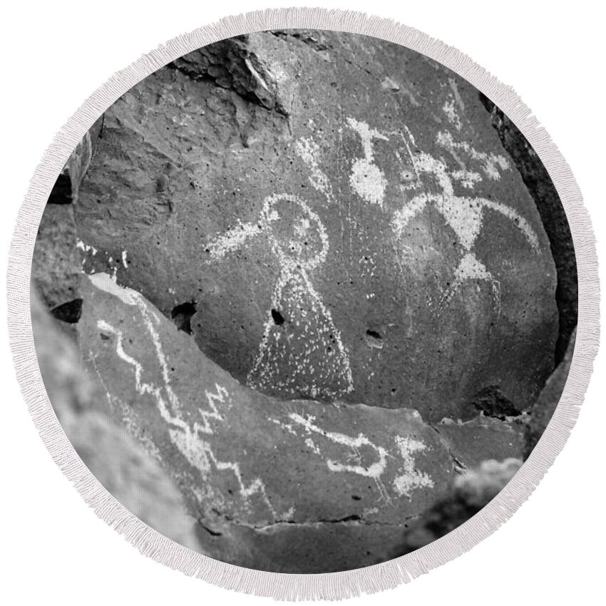 Petroglyphs Round Beach Towel featuring the photograph Thunderbird with Girl in Calico Dress b/w by Glory Ann Penington