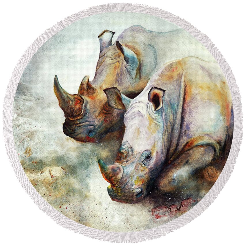 Rhino Round Beach Towel featuring the painting Thunderstruck by Peter Williams