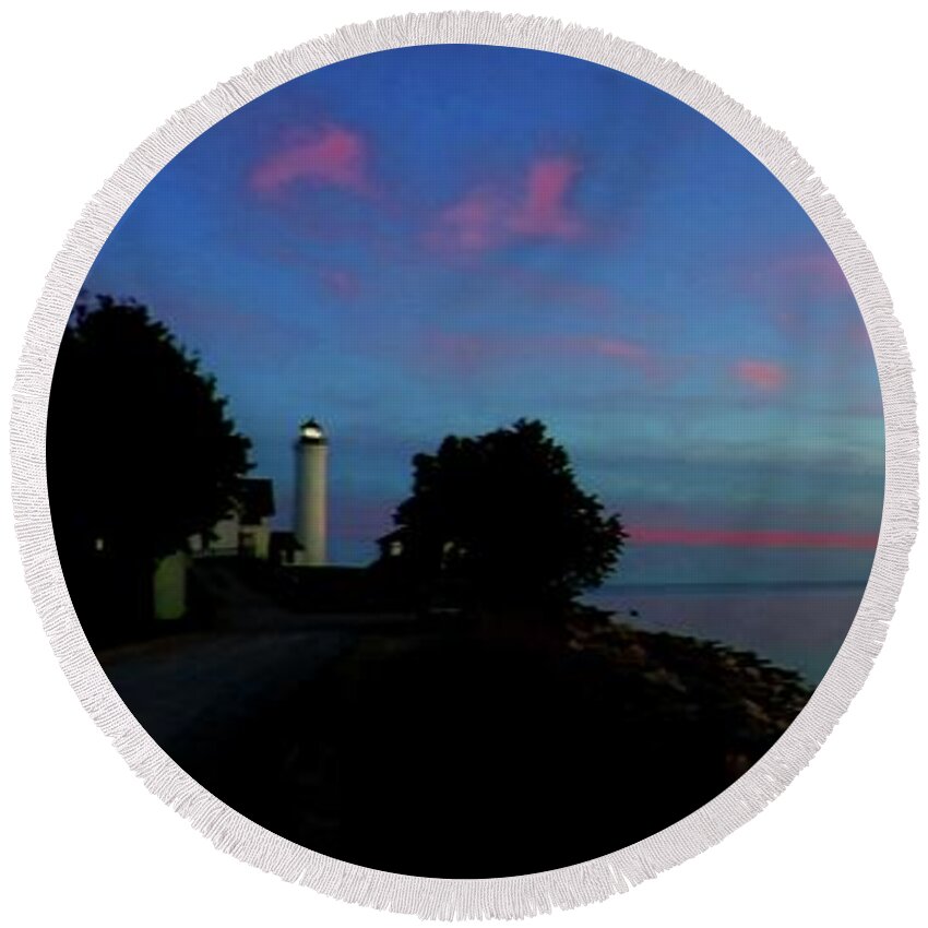 Thousand Islands Round Beach Towel featuring the photograph Sunset at Tibbetts Point Light, 2015 by Dennis McCarthy