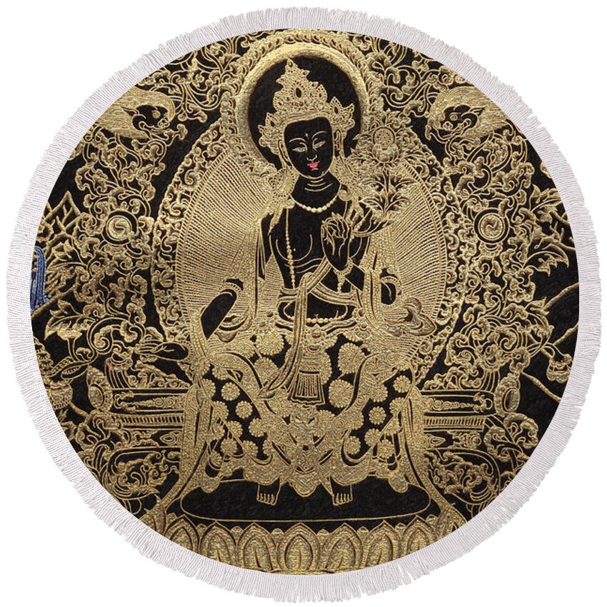'treasures Of Tibet' Collection By Serge Averbukh Buddha Round Beach Towel featuring the digital art Tibetan Thangka - Maitreya Buddha by Serge Averbukh