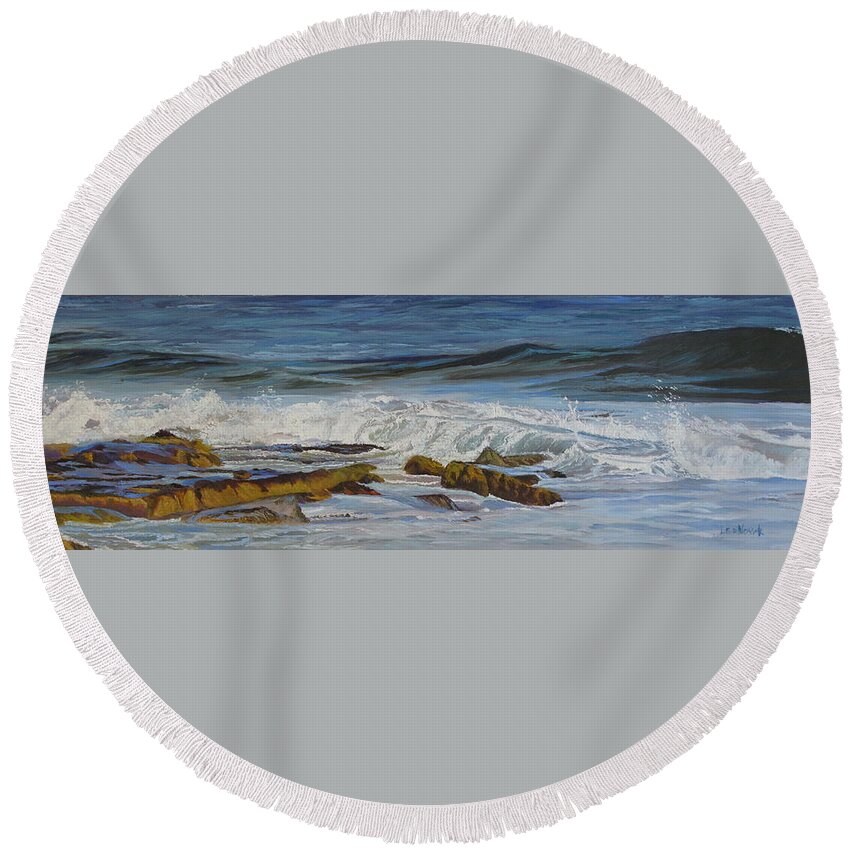 Seascape Round Beach Towel featuring the painting Tide Rolling In by Lea Novak