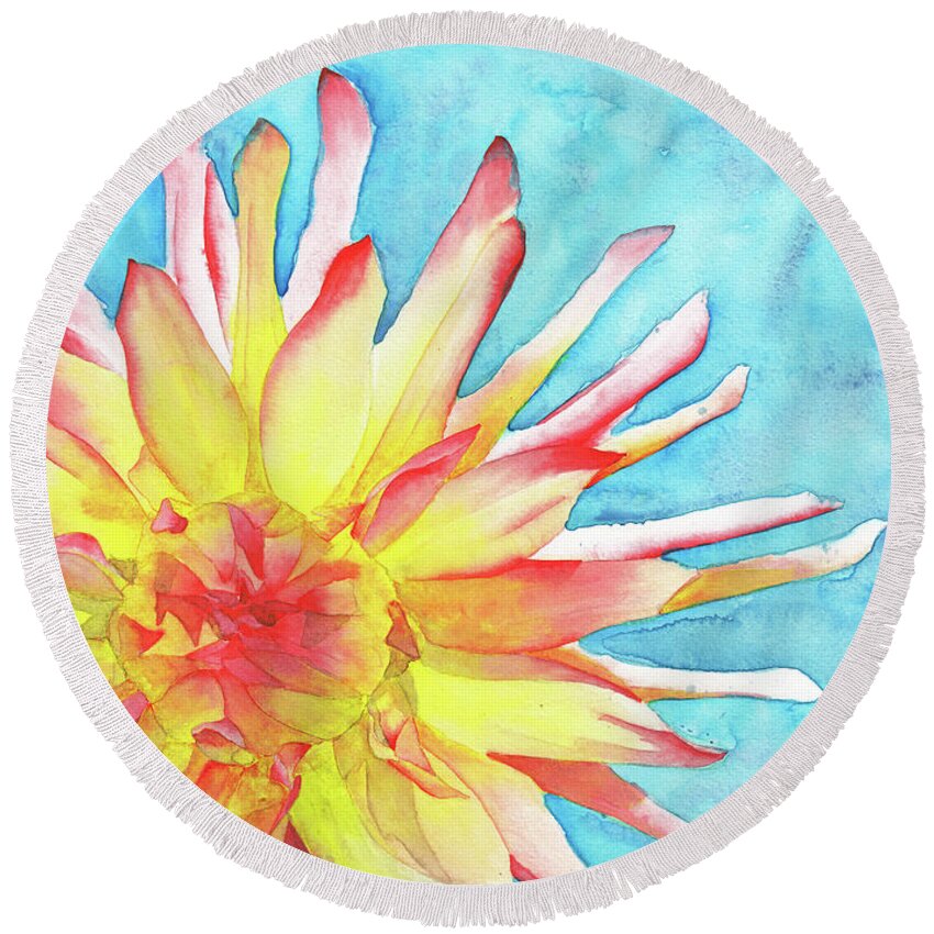 Watercolor Round Beach Towel featuring the painting Tie-Dye Dahlia by Ken Powers