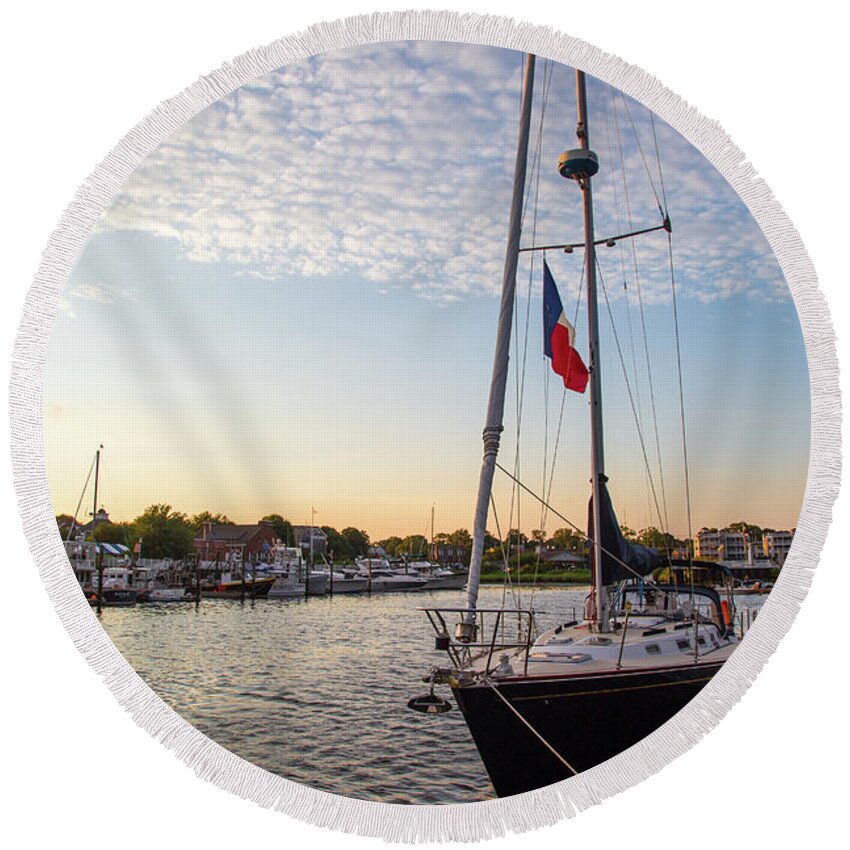 Sails At Dock Round Beach Towel featuring the photograph Tied Off For The Night by Karol Livote