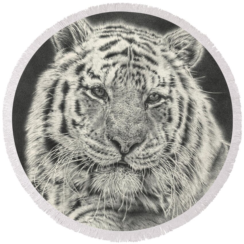 Tiger Round Beach Towel featuring the drawing Tiger Drawing by Casey 'Remrov' Vormer