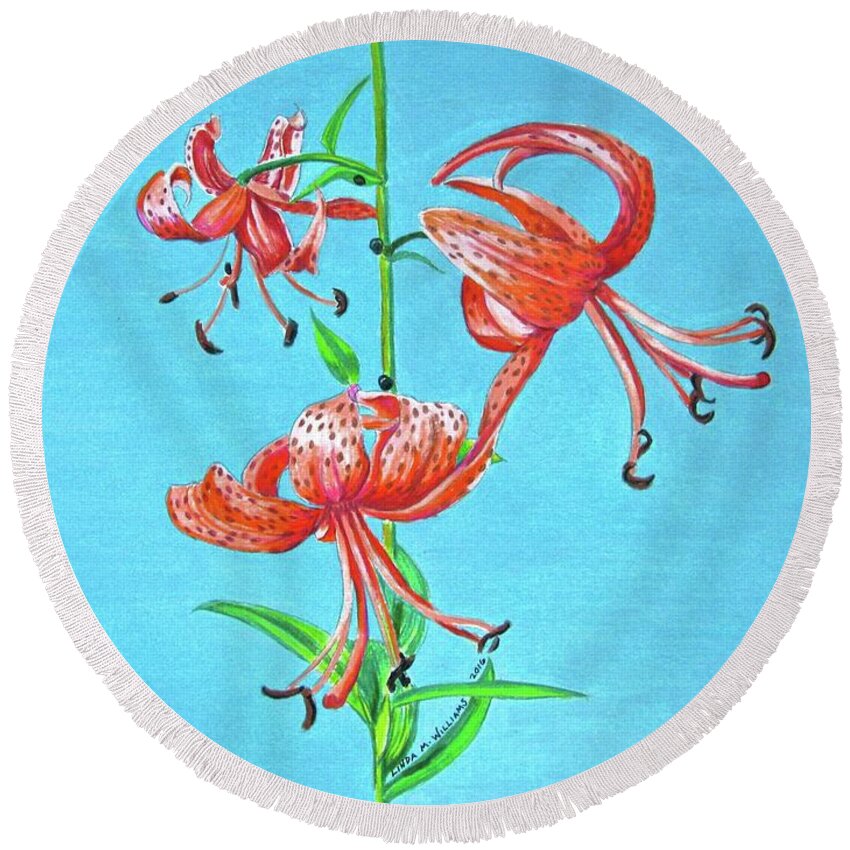 Still Life Round Beach Towel featuring the drawing Tiger Lily 4 by Linda Williams