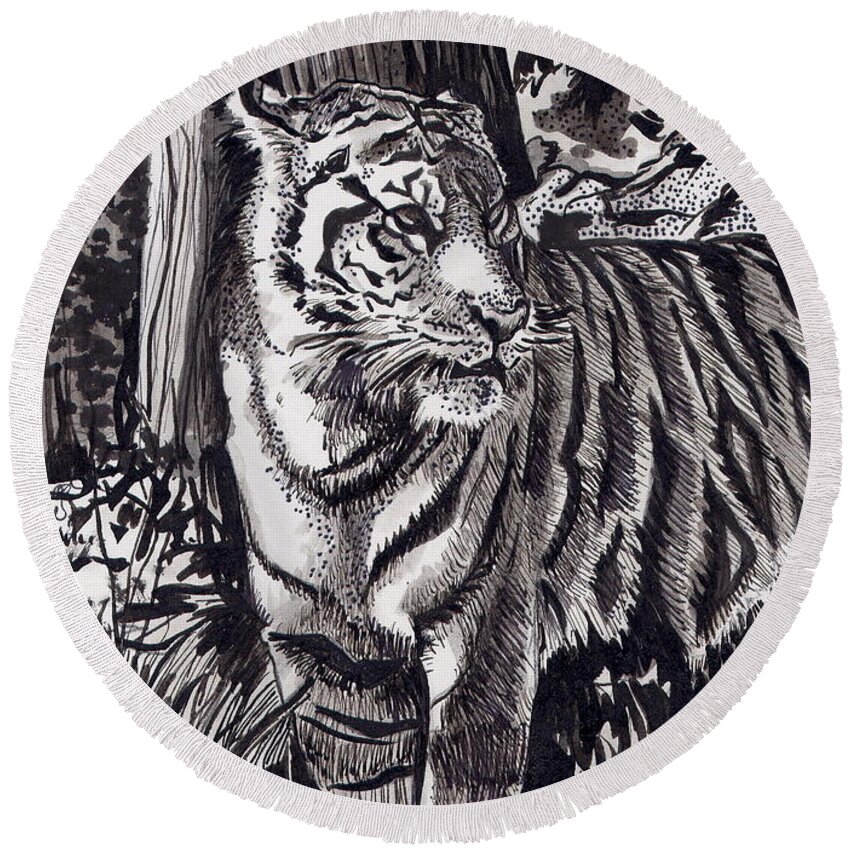Tiger Round Beach Towel featuring the painting Tiger's Attention by Daniela Easter