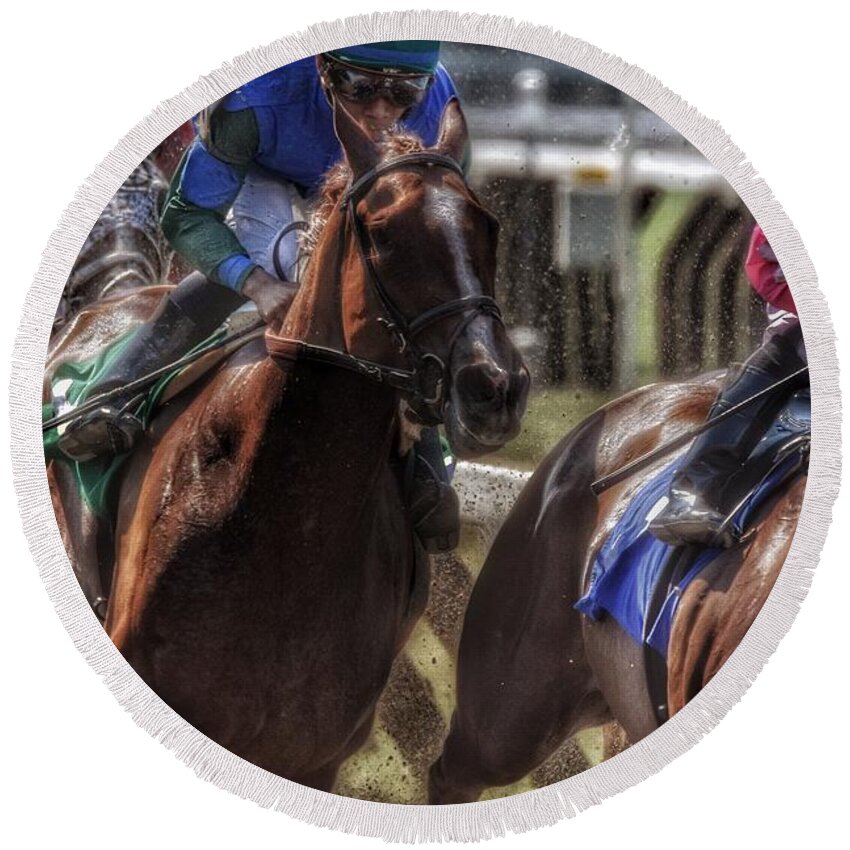 Race Horses Round Beach Towel featuring the photograph Tight Quarters by Jeffrey PERKINS