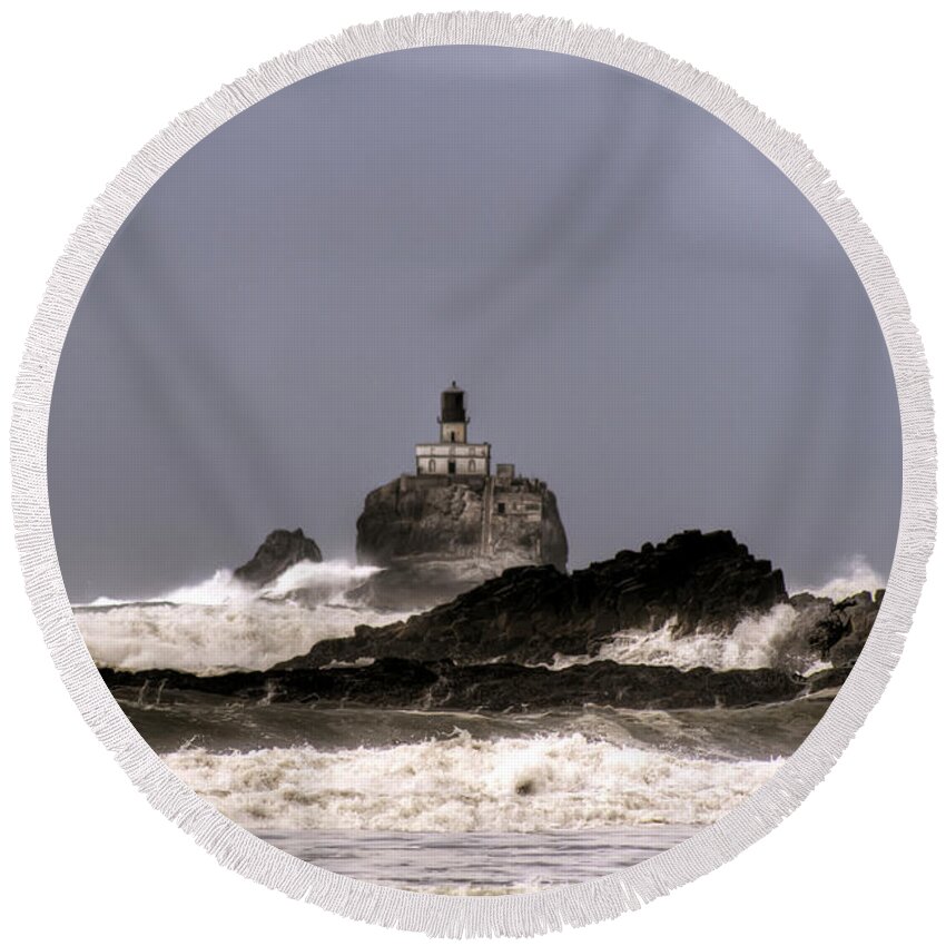 Hdr Round Beach Towel featuring the photograph Tillamook Lighthouse by Brad Granger