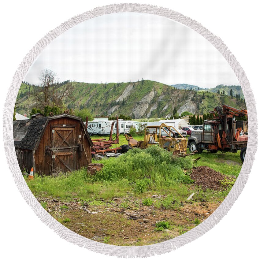 Leavenworth Round Beach Towel featuring the photograph Timber Harvester and Shed Near Cashmere by Tom Cochran