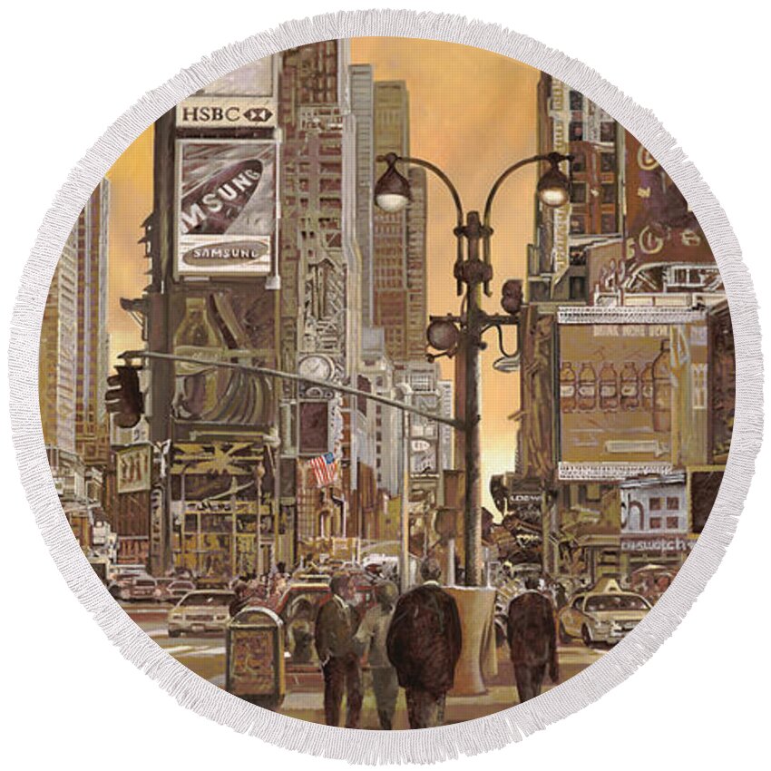 New York Round Beach Towel featuring the painting Times Square by Guido Borelli