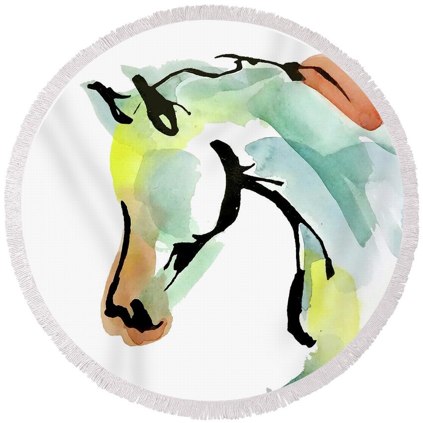 Original Watercolors Round Beach Towel featuring the painting Tinted Horse Head 2 by Chris Paschke
