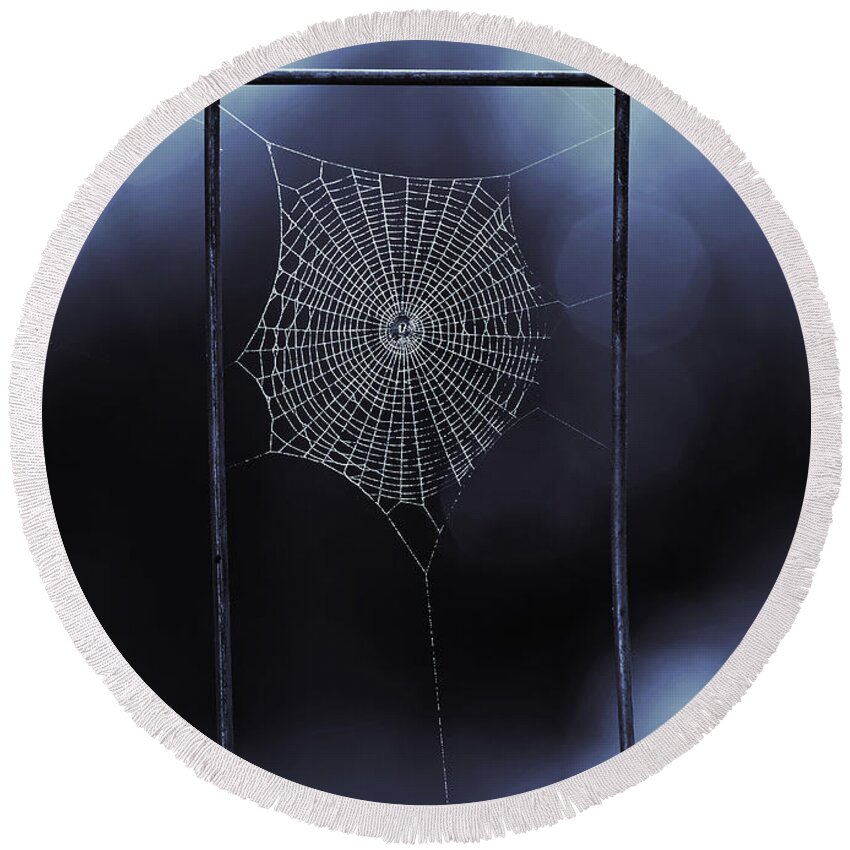 Blue Spider Web Round Beach Towel featuring the photograph Tiny Spider Web in Blue by Brooke T Ryan