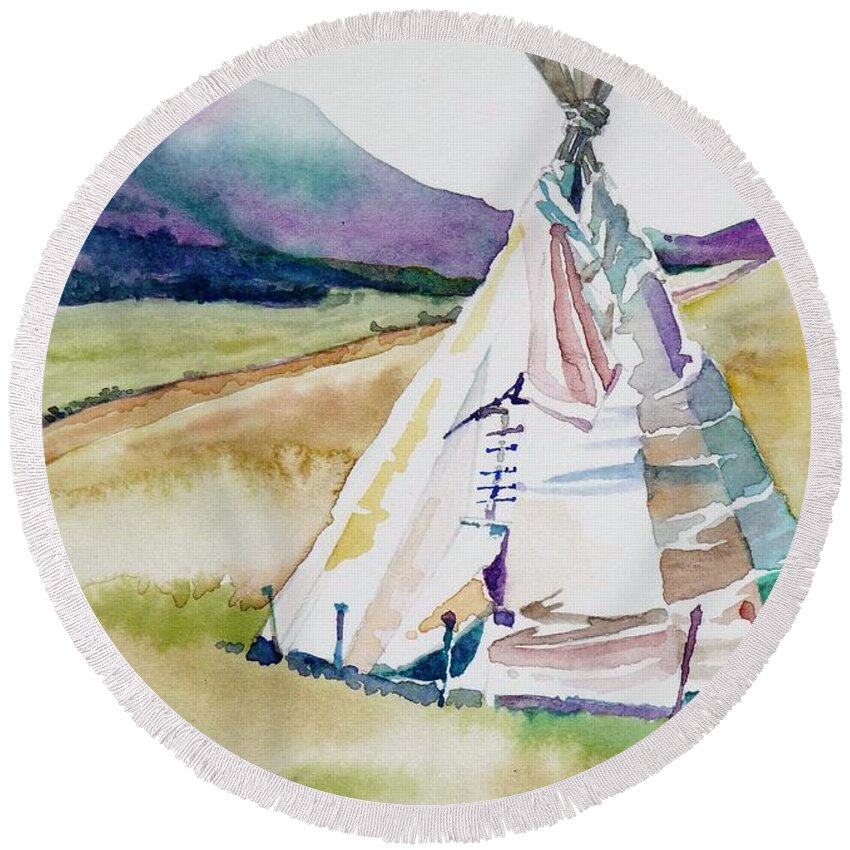 Watercolor Tipi Teepee Plains Ranch Westcliffe Colorado Camping Music Meadows Round Beach Towel featuring the painting Tipi at Music Meadows by Cheryl Emerson Adams