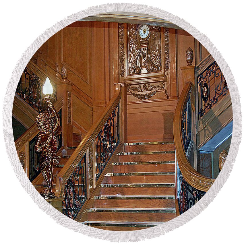 Titanic Round Beach Towel featuring the digital art Titanics Grand Staircase by DigiArt Diaries by Vicky B Fuller