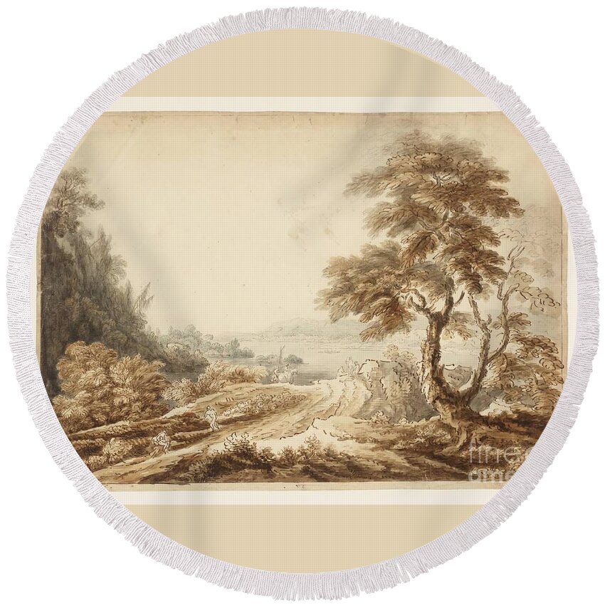 Jean Baptiste Claude Chatelain C.1710�c.1758 Title Landscape Composition With A Lake In The Distance. Forest Round Beach Towel featuring the painting Title Landscape Composition with a Lake in the Distance by MotionAge Designs