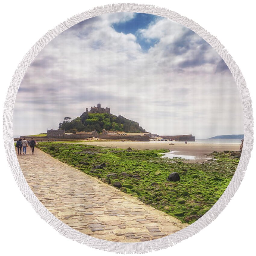 St Michael's Mount Round Beach Towel featuring the photograph To The Mount by Framing Places
