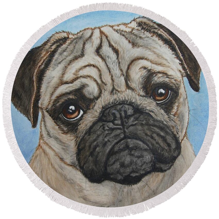 Pug Round Beach Towel featuring the painting Toby the Pug by Megan Cohen