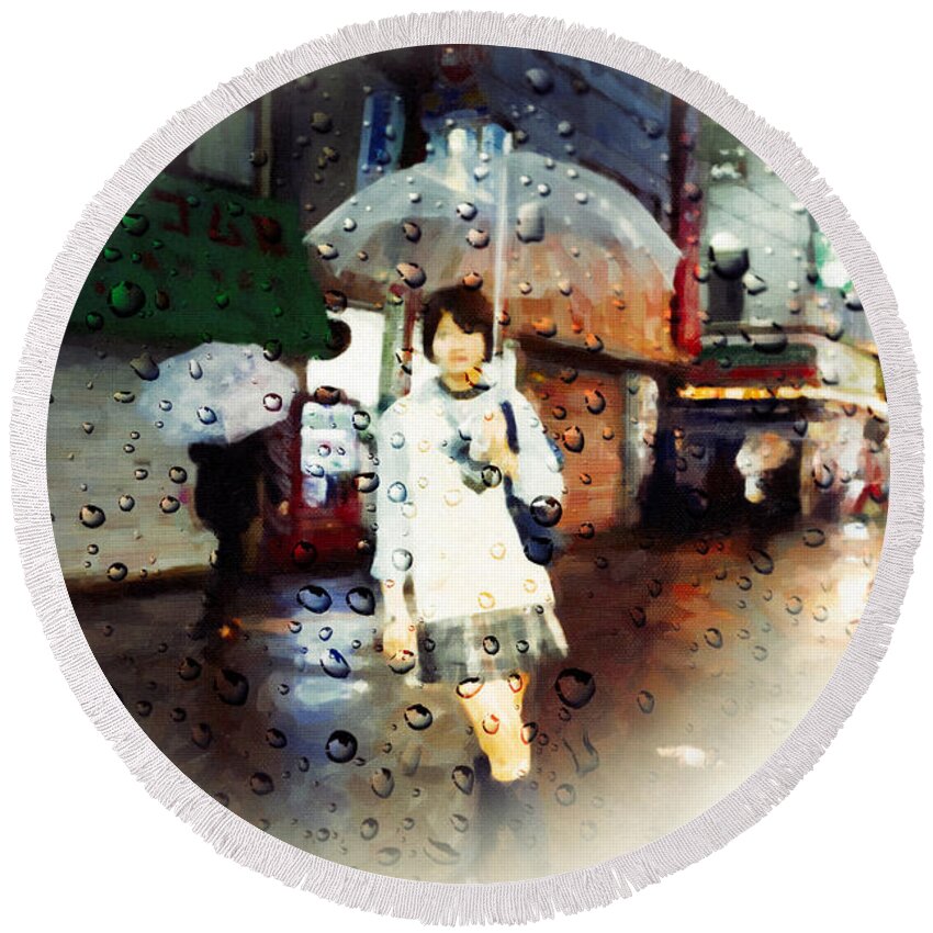 Landscape Round Beach Towel featuring the painting Rainy Tokyo Night by Chris Armytage