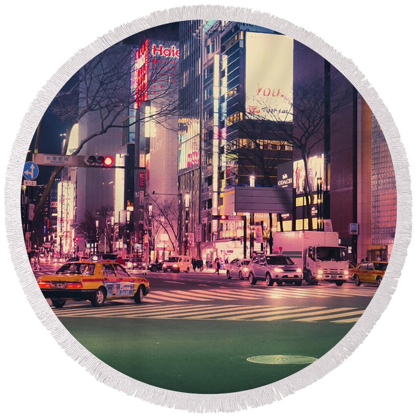 Tokyo Round Beach Towel featuring the photograph Tokyo Street at Night, Japan 2 by Perry Rodriguez