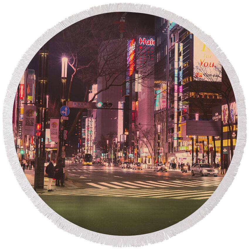 Tokyo Round Beach Towel featuring the photograph Tokyo Street at Night, Japan by Perry Rodriguez