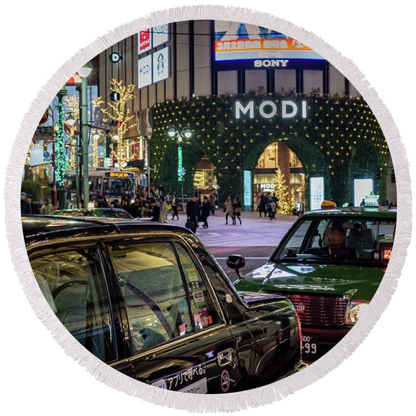 People Round Beach Towel featuring the photograph Tokyo Taxis, Japan by Perry Rodriguez