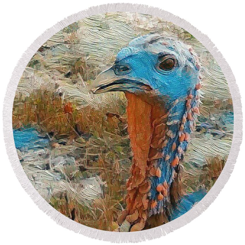 Turkey Tom Round Beach Towel featuring the painting TOM in all his glory by PainterArtist FIN