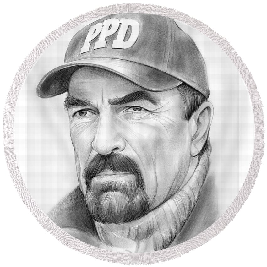 Tom Selleck Round Beach Towel featuring the drawing Tom Selleck by Greg Joens