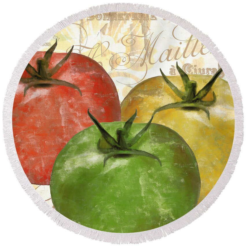 Tomato Round Beach Towel featuring the painting Tomatoes Tomates by Mindy Sommers
